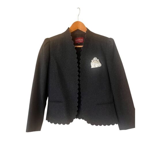 Vintage Sasson Wool Scalloped Preppy Grey open Front Blazer - Picture 1 of 5